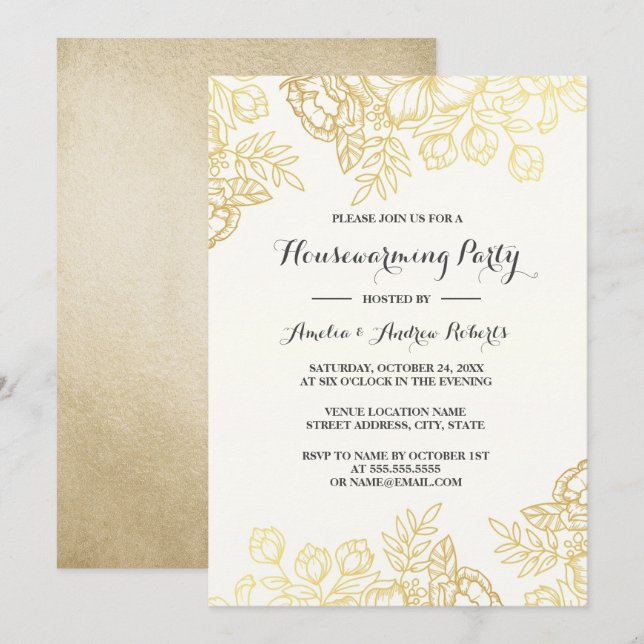 Elegant Gold Vintage Floral Housewarming Party Invitation (Front/Back)