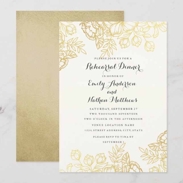 Elegant Gold Vintage Floral Rehearsal Dinner Invitation (Front/Back)