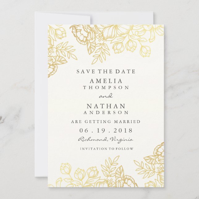 Elegant Gold Vintage Floral Save The Date (Front)