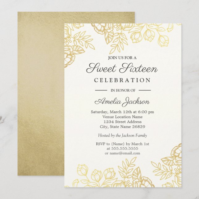 Elegant Gold Vintage Floral Sweet Sixteen Invite (Front/Back)