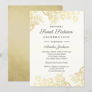 Elegant Gold Vintage Floral Sweet Sixteen Invite