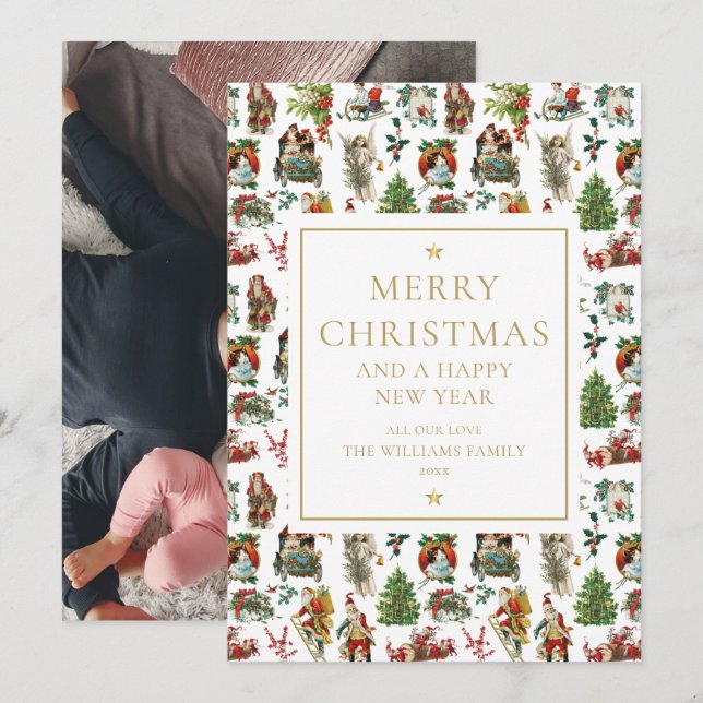Elegant Gold Vintage Retro Christmas Photo Holiday Card (Front/Back)