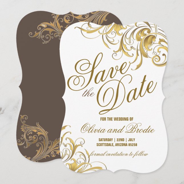 Elegant Gold Vintage Swirls Wedding Save The Date (Front/Back)