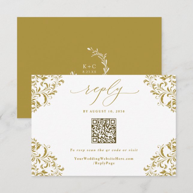 Elegant Gold Vintage Wedding QR Code RSVP Card (Front/Back)