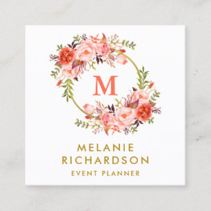 Elegant Gold Watercolor Coral Floral Monogram Square Business Card