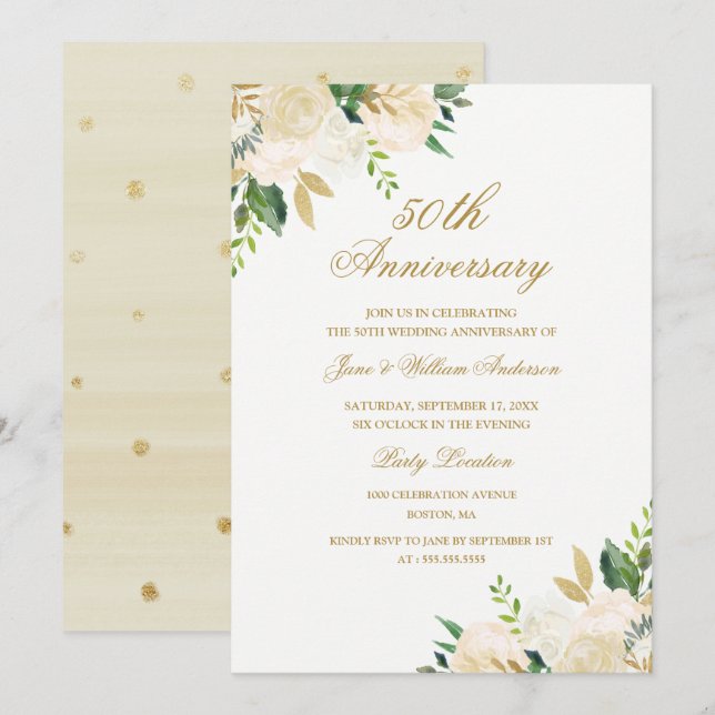 Elegant Gold Watercolor Floral Anniversary Invitation (Front/Back)