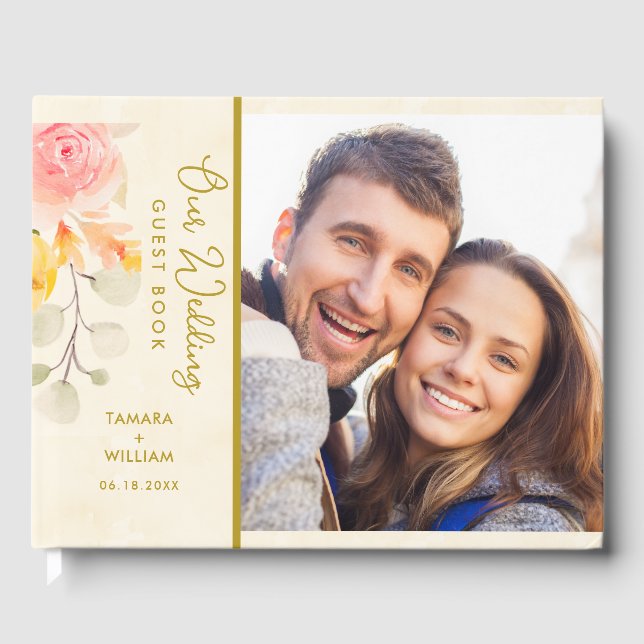 Elegant Gold Watercolor Floral Wedding Photo Guest Book (Front)