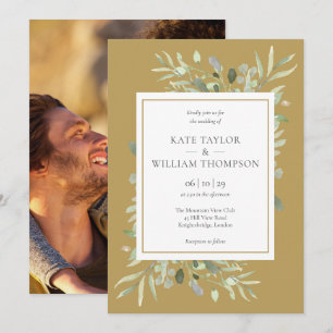 Elegant Gold Watercolor Greenery Photo Wedding Invitation