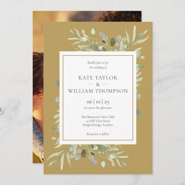 Elegant Gold Watercolor Greenery Photo Wedding Invitation (Front/Back)