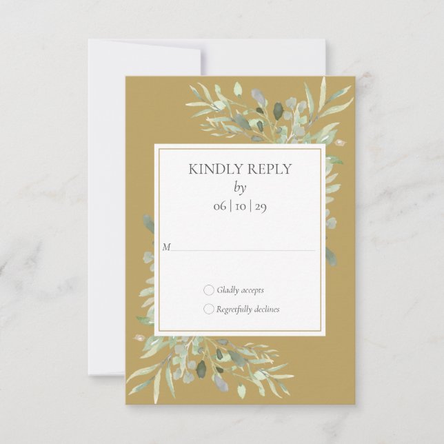 Elegant Gold Watercolor Greenery Wedding RSVP Card (Front)