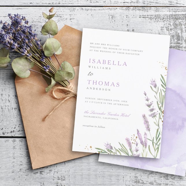 Elegant Gold & Watercolor Lavender Floral Wedding Invitation (Creator Uploaded)