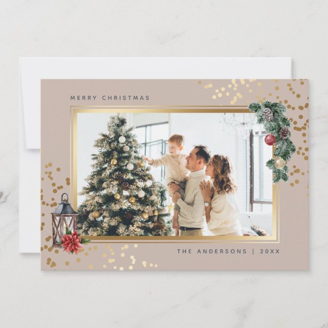 Elegant Gold Watercolor Photo Christmas Cards (Front)