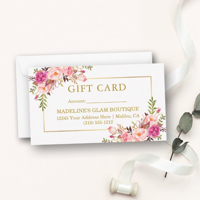 Elegant Gold Watercolor Pink Floral Gift Card (Customize to change text size, style, color or to add text to back of card.)