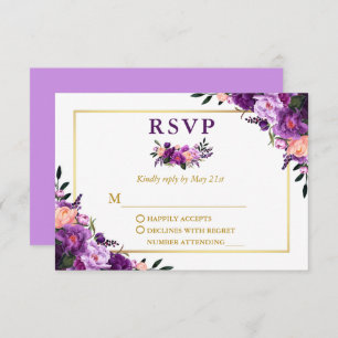 Elegant Gold Watercolor Purple Floral Wedding RSVP Card