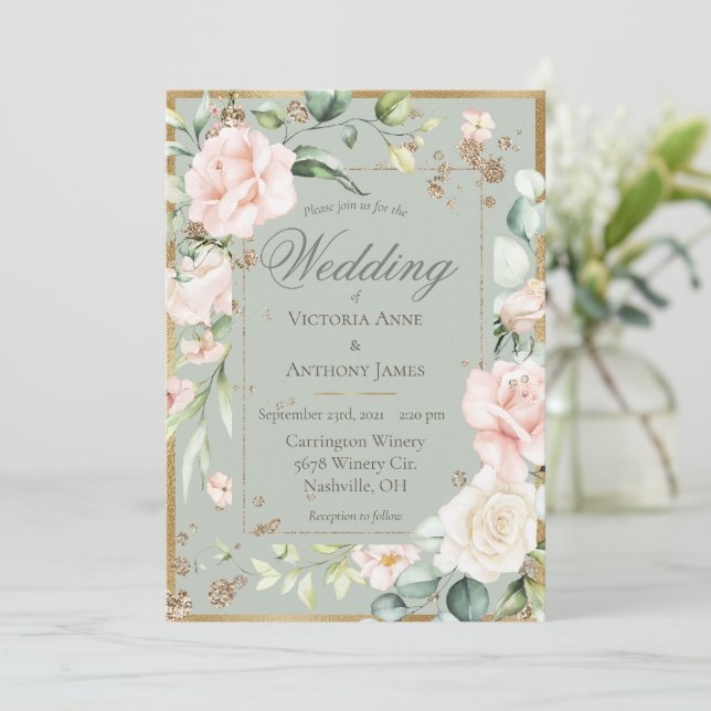 Elegant Gold Watercolor Romantic Floral Wedding Invitation (Standing Front)