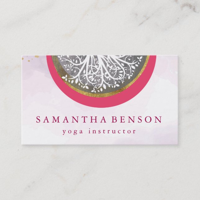 Elegant Gold Watercolor Tree Yoga and Meditation Business Card (Front)