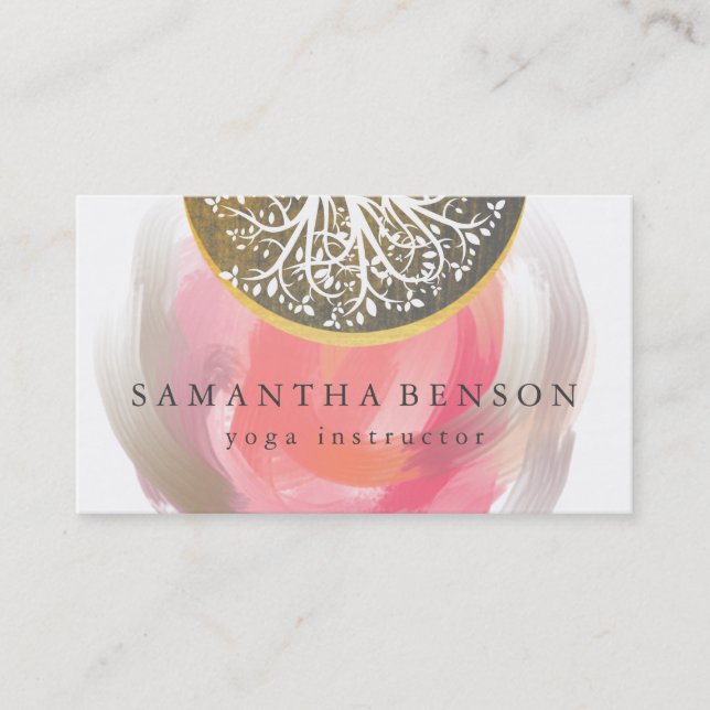 Elegant Gold Watercolor Tree Yoga and Meditation Business Card (Front)