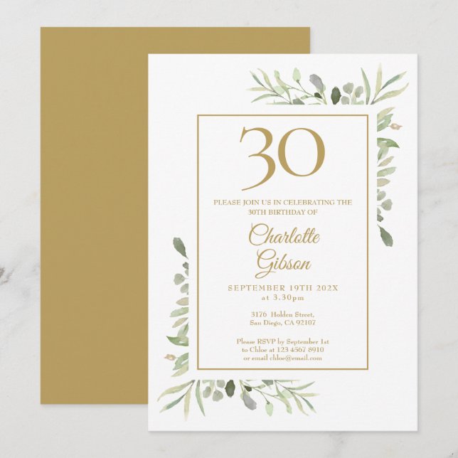 Elegant Gold Watercolour Greenery 30th Birthday Invitation (Front/Back)