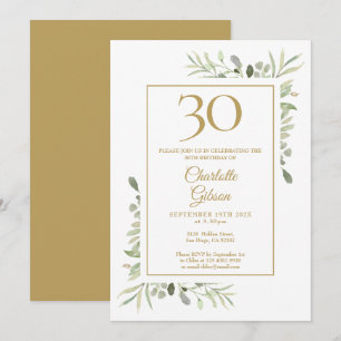 Elegant Gold Watercolour Greenery 30th Birthday Invitation