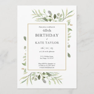 Elegant Gold Watercolour Greenery 40th Birthday Invitation