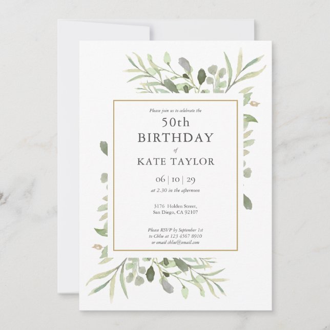 Elegant Gold Watercolour Greenery 50th Birthday Invitation (Front)