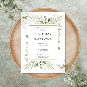 Elegant Gold Watercolour Greenery 80th Birthday Invitation