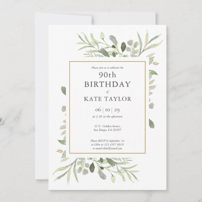 Elegant Gold Watercolour Greenery 90th Birthday Invitation (Front)