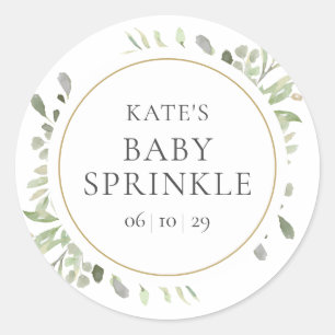 Elegant Gold Watercolour Greenery Baby Sprinkle Classic Round Sticker
