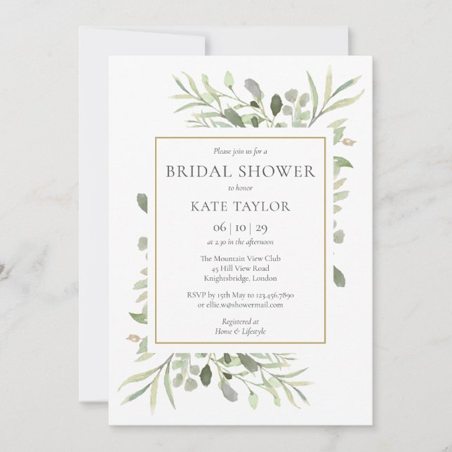 Elegant Gold Watercolour Greenery Bridal Shower Invitation (Front)