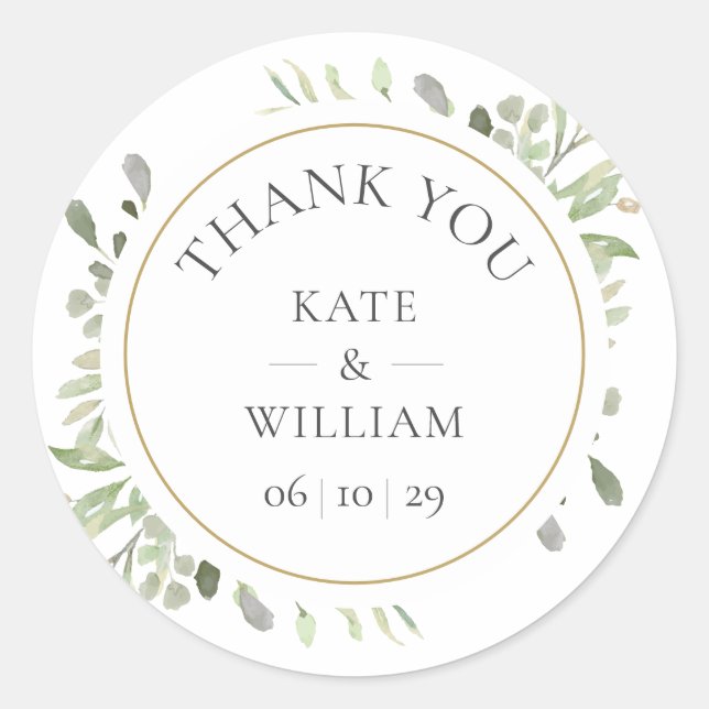 Elegant Gold Watercolour Greenery Wedding Favour Classic Round Sticker (Front)
