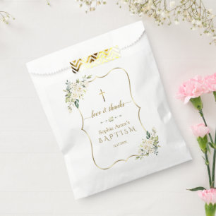 Elegant gold Watercolour White Flowers Baptism Favour Bags