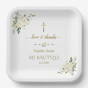 Elegant Gold Watercolour White Flowers Baptism Paper Plate