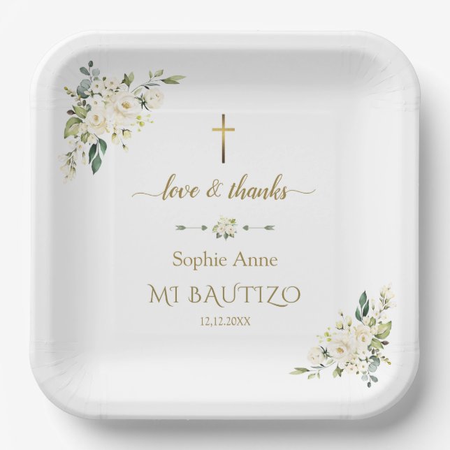 Elegant Gold Watercolour White Flowers Baptism Paper Plate (Front)