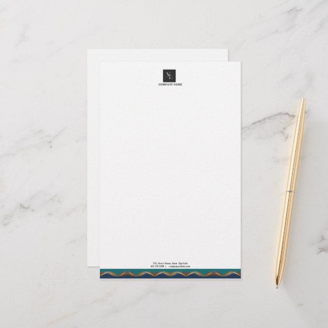 Elegant Gold Wave Blue Teal Logo Business Stationery (Front/Back In Situ)