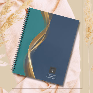 Elegant Gold Wave Blue Teal with Business Logo Notebook