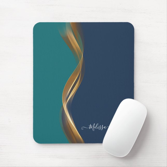 Elegant Gold Waves Blue Teal with Name Mouse Mat (With Mouse)