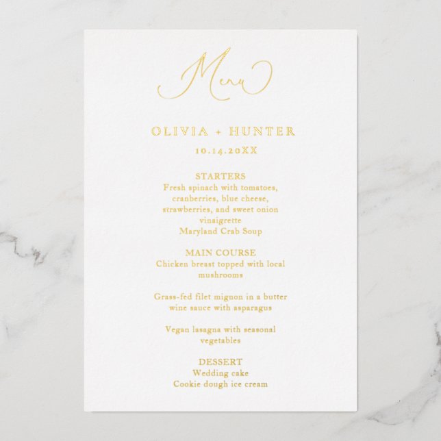 Elegant Gold Wedding Dinner Menu Cards (Front)