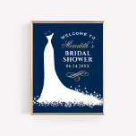 Elegant Gold Wedding Gown Bridal Shower Welcome Poster<br><div class="desc">Wedding bridal shower welcome sign / poster for the stylish bride-to-be features a flowing wedding gown design,  custom text that can be personalised. Soft white / ivory,  dark navy blue (can be customised),  and champagne gold / tan colours.</div>