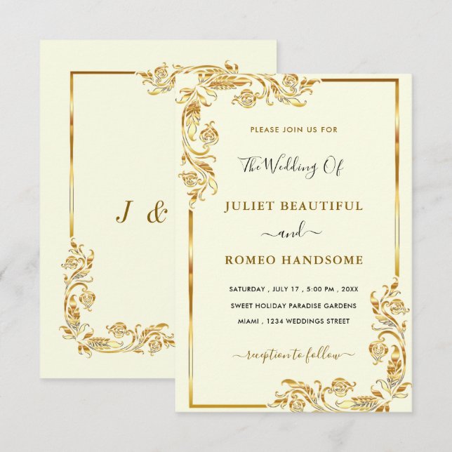 Elegant Gold Wedding Invitation Golden Leaves (Front/Back)