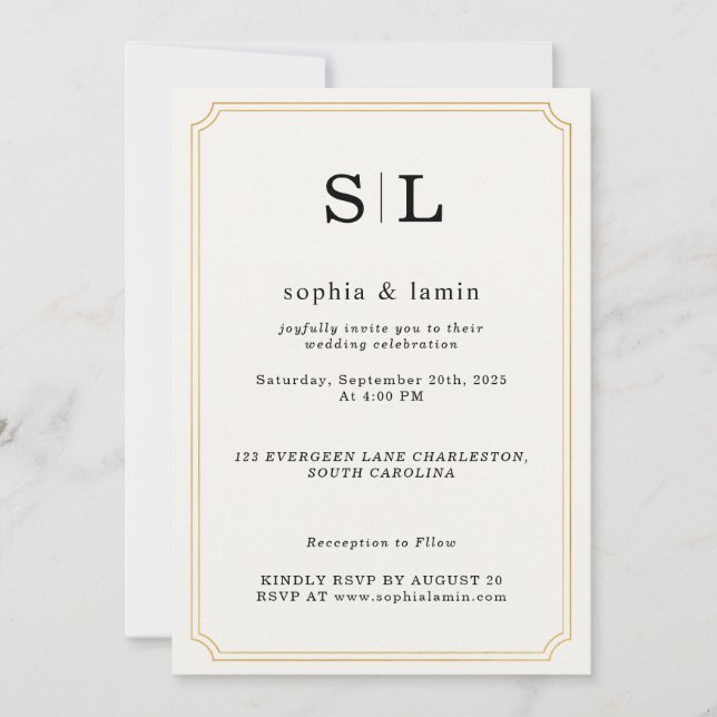 Elegant Gold Wedding Invitation with Monogram (Front)