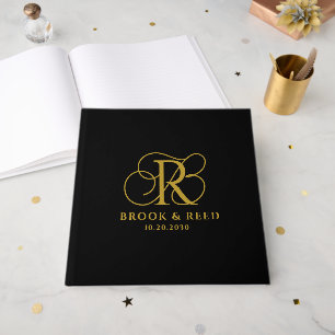 Elegant Gold Wedding Monogram Black Guest Book