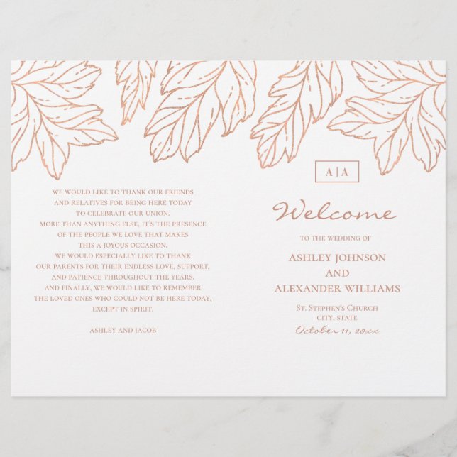 Elegant gold wedding program folded. Blue botanic (Front)