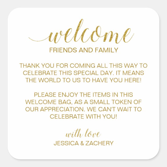 Elegant Gold Wedding Welcome Gift Bag Basket Square Sticker (Front)