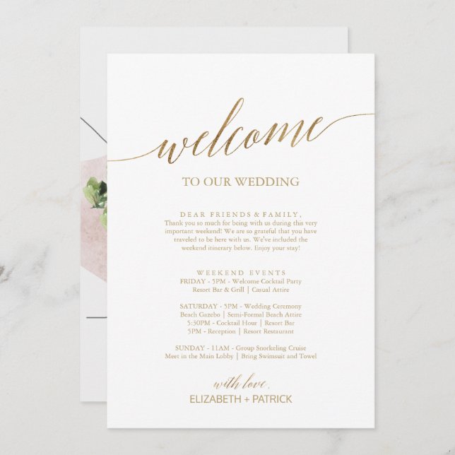 Elegant Gold Welcome Letter Itinerary & Map (Front/Back)
