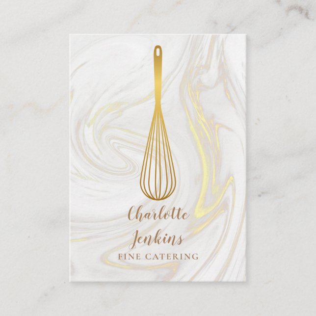 Elegant Gold Whisk Catering Marble Swirls Business Card (Front)
