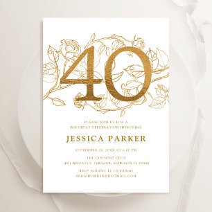 Elegant Gold White 40th Birthday Invitation