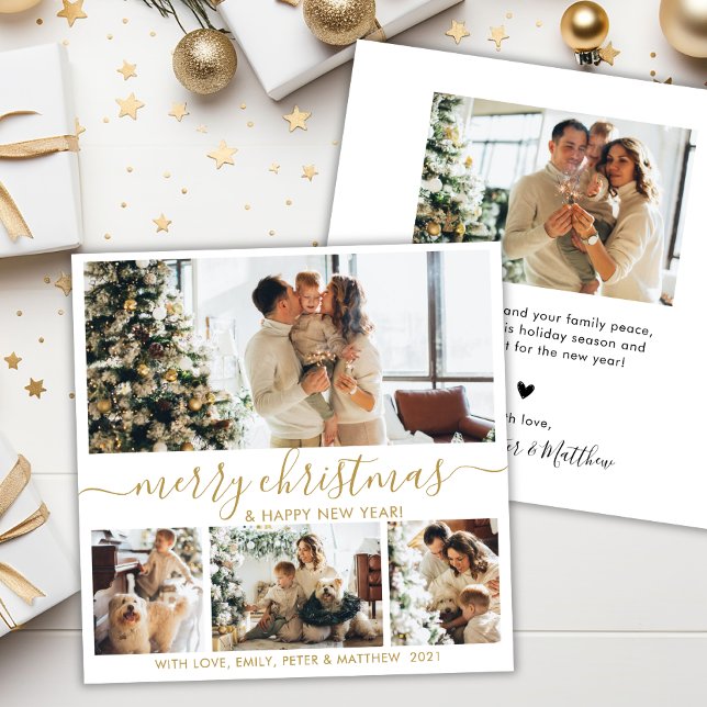 Elegant Gold White 4 Photo Collage Christmas Holid Holiday Card (Creator Uploaded)
