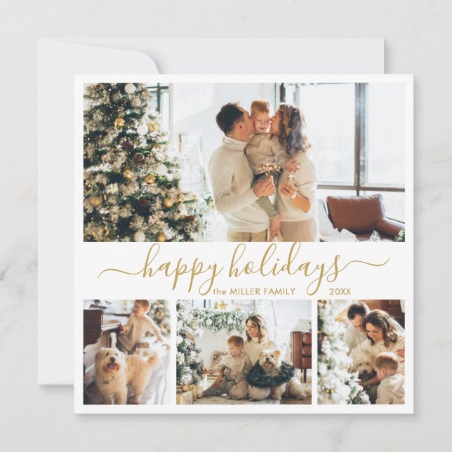 Elegant Gold White 4 Photo Collage Happy Holiday Card (Front)