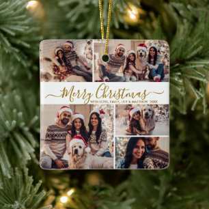 Elegant Gold White 5 Photo Collage Christmas Ceramic Ornament