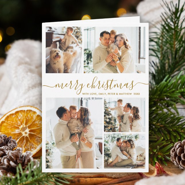 Elegant Gold White 5 Photo Collage Christmas  Holiday Card (Creator Uploaded)